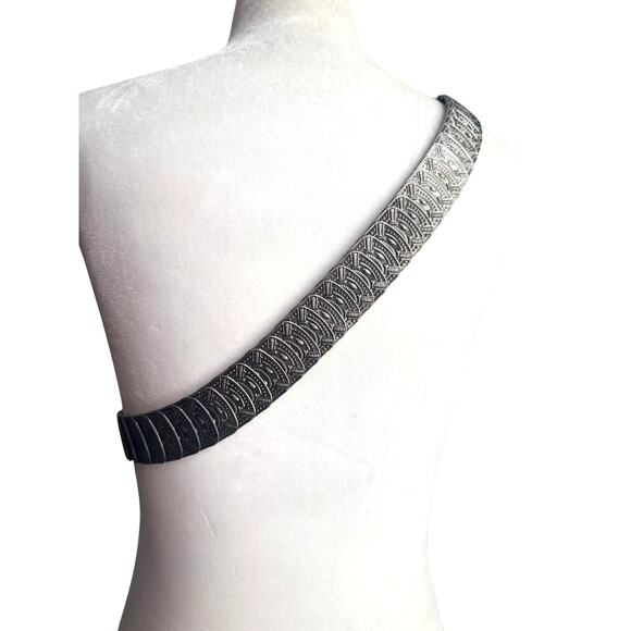 VTG Retro Metal Stretch Elastic Silver Tone Belt Round Ornate Floral‎ Buckle